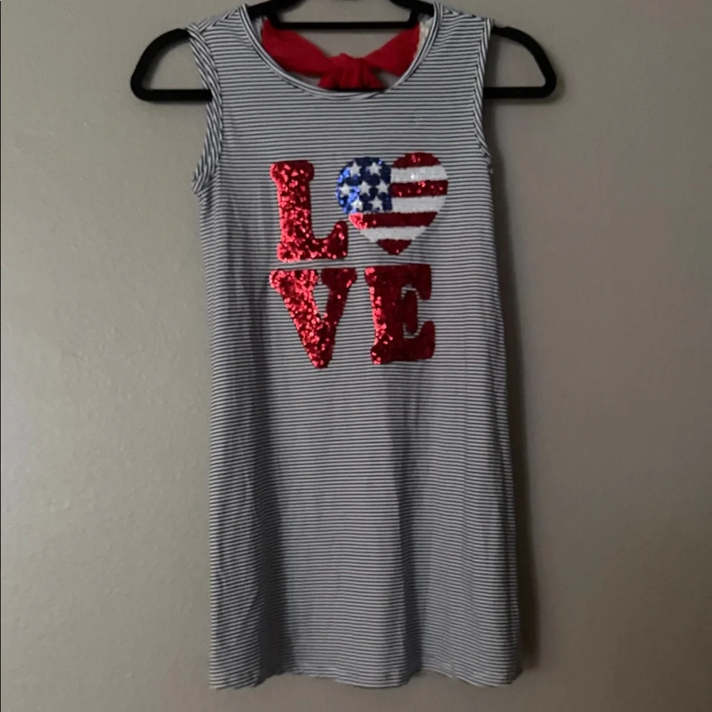 btween Navy & White Striped Tank Dress with Red Sequin LOVE and Flag Heart